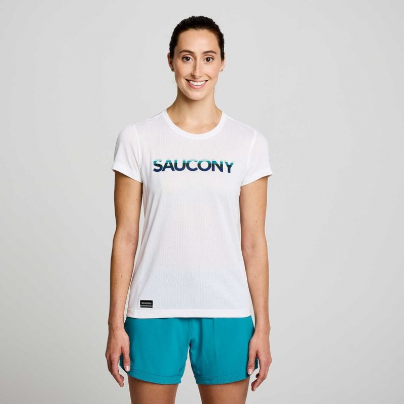 Saucony Stopwatch Graphic Kurzes Sleeve T-Shirt Damen Weiß | BERLIN OIVBWN