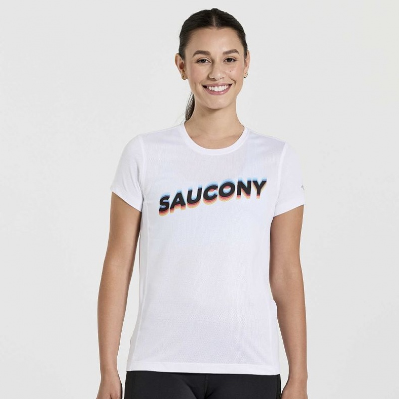 Saucony Stopwatch Graphic Kurzes Sleeve T-Shirt Damen Weiß | BERLIN VXLSKN
