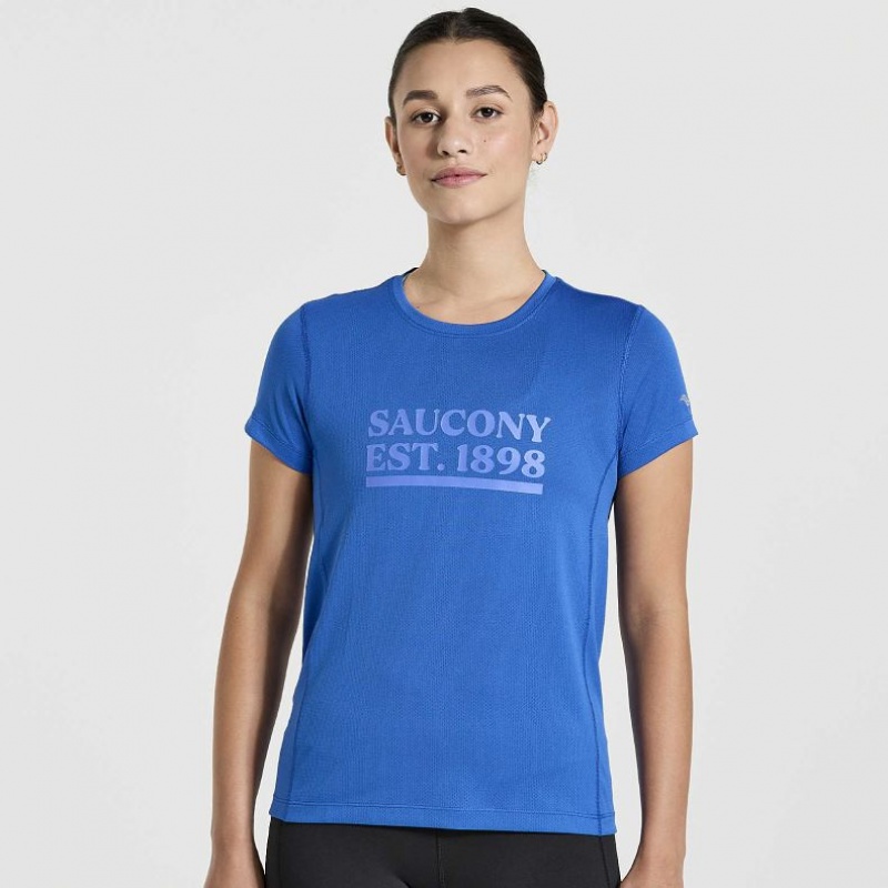 Saucony Stopwatch Graphic Kurzes Sleeve T-Shirt Damen Blau | BERLIN OKDUHZ