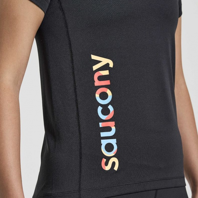 Saucony Stopwatch Graphic Kurzes Sleeve T-Shirt Damen Schwarz | BERLIN FYAMVB