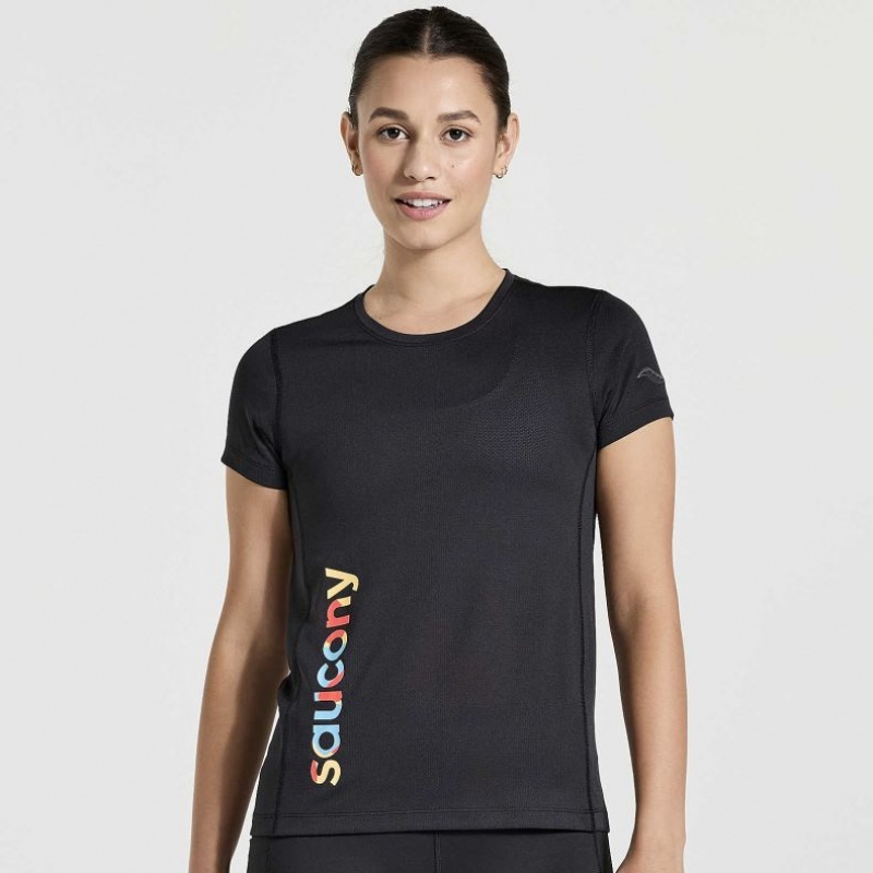 Saucony Stopwatch Graphic Kurzes Sleeve T-Shirt Damen Schwarz | BERLIN FYAMVB